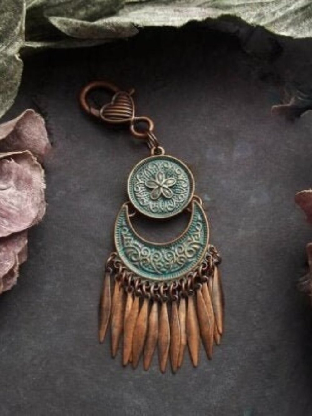 Bohemian Copper Green Patina Moon Keychain Boho Purse Charm